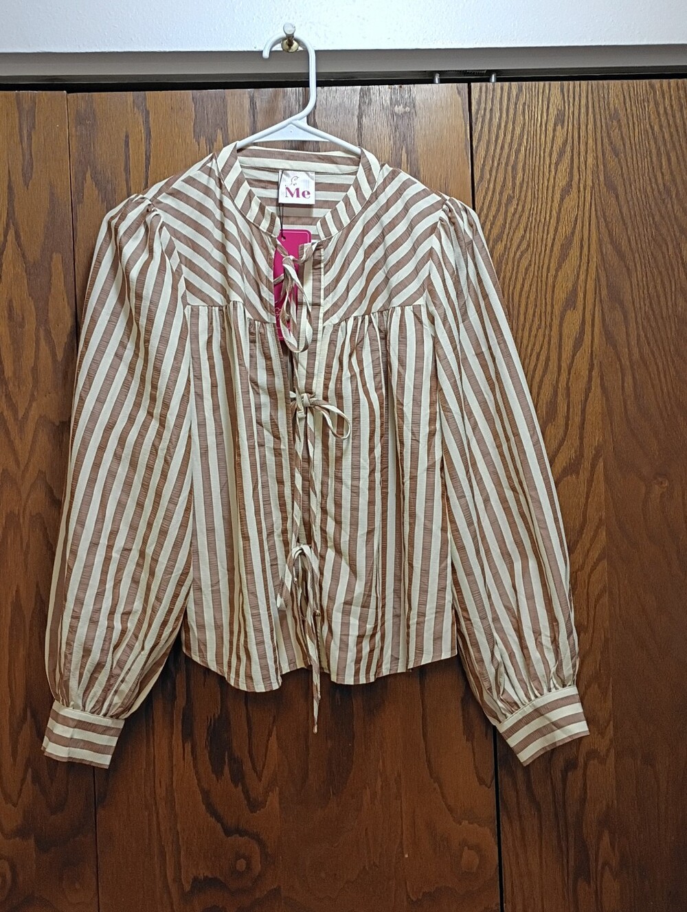 So Me Striped Tie-Front Blouse in Cream and Brown
